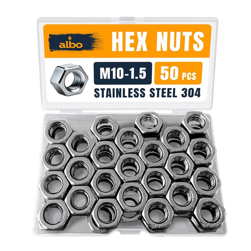 ALBO 50 PCS M10-1.5 Hex Nuts – Stainless Steel 304 Metric Nuts Set in Reusable Box – Hardware for Automotive & DIY – M10 Nuts, Metric Nut Assortment - Image 1
